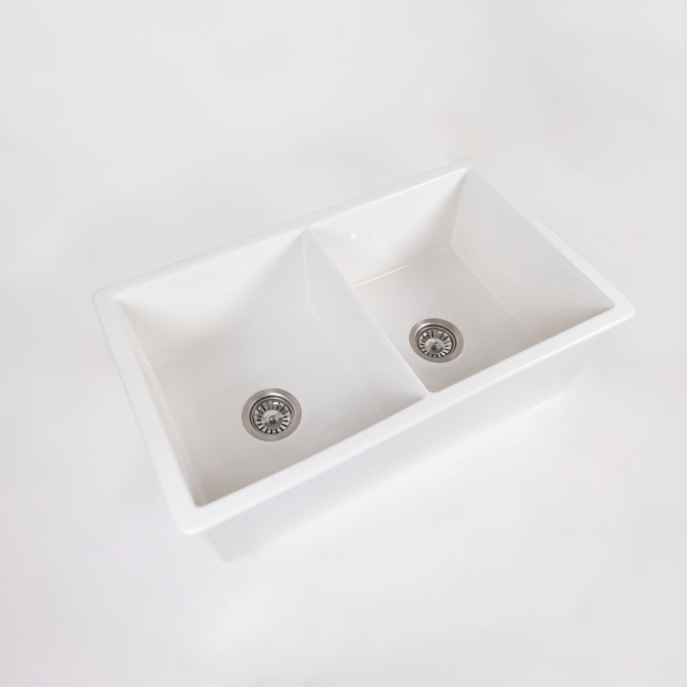 Fleur 813x483 Gloss White Fireclay Double Bowl Sink
