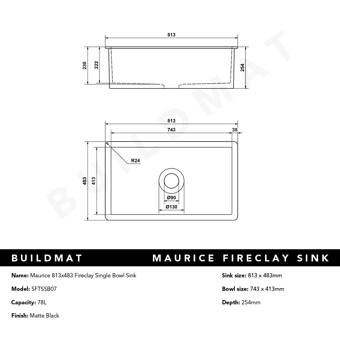 Maurice 813x483 Matte Black Fireclay Single Bowl Sink