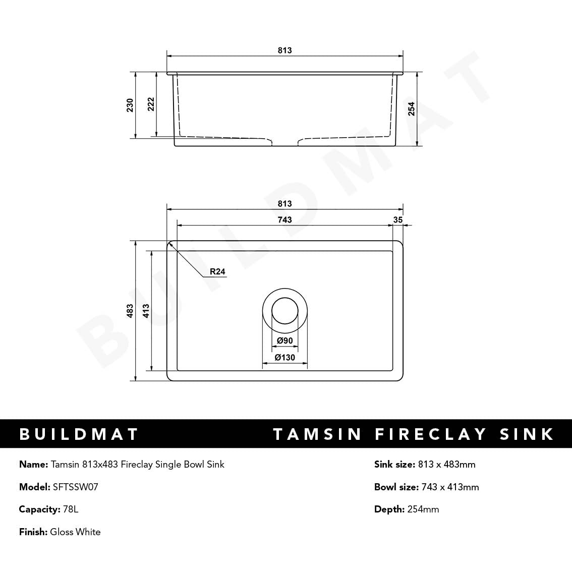 Tamsin 813x483 Gloss White Fireclay Single Bowl Sink