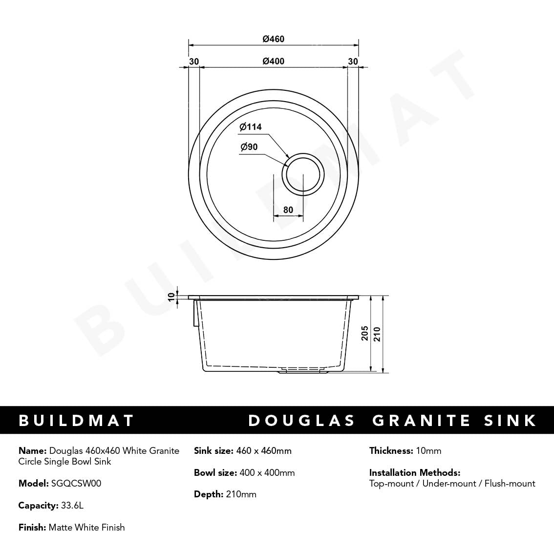 Douglas 460x460 White Granite Circle Single Bowl Sink