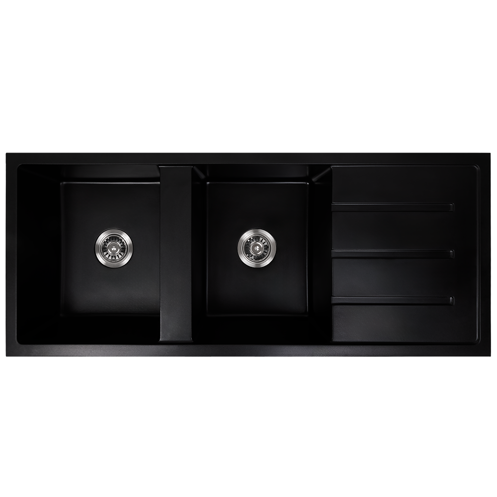 Darlene 1200x500 Black Granite Drainboard Double Bowl Sink