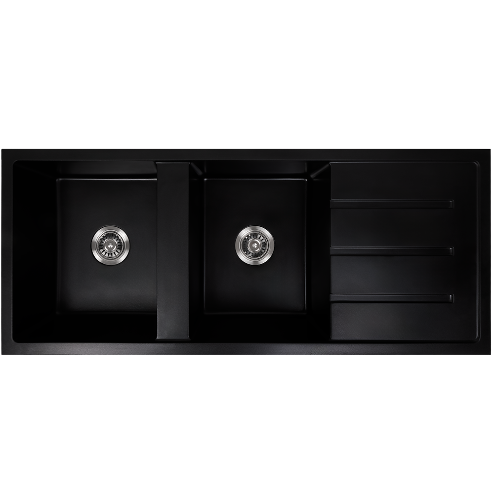 Darlene 1200x500 Black Granite Drainboard Double Bowl Sink