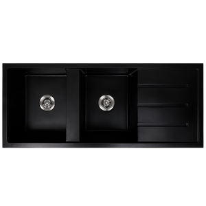 Darlene 1200x500 Black Granite Drainboard Double Bowl Sink - Black