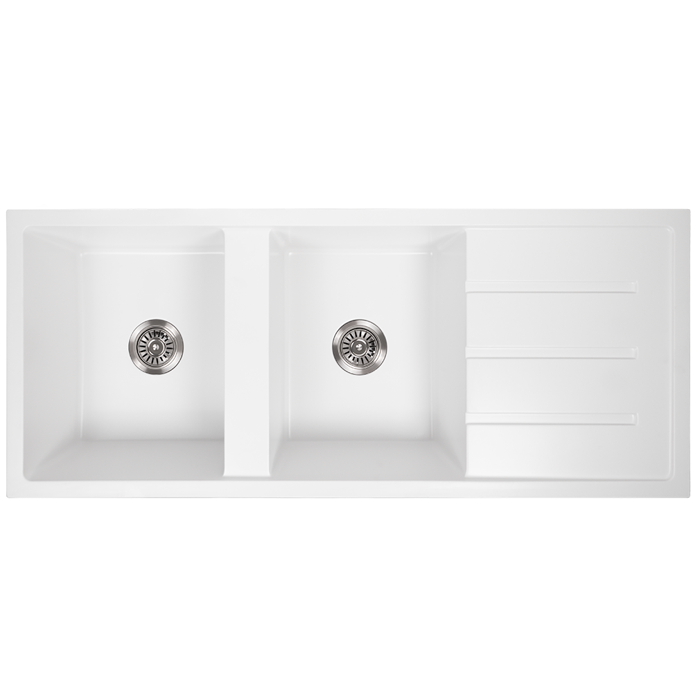Darlene 1200x500 White Granite Drainboard Double Bowl Sink