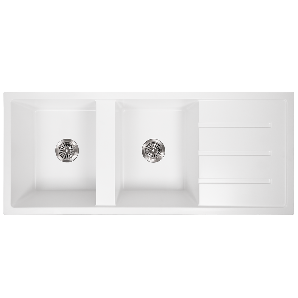 Darlene 1200x500 White Granite Drainboard Double Bowl Sink