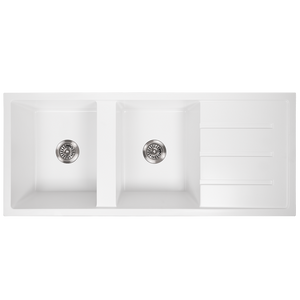 Darlene 1200x500 White Granite Drainboard Double Bowl Sink - White