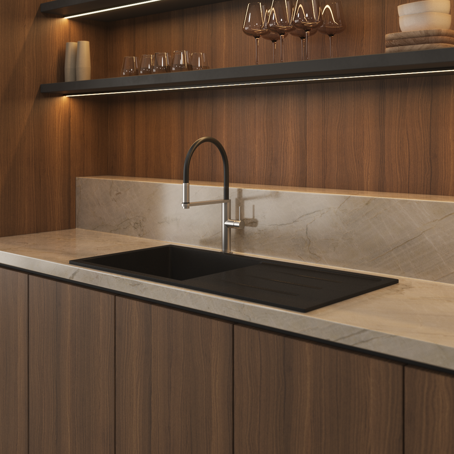 Randall 1000x500 Black Granite Drainboard Single Bowl Sink