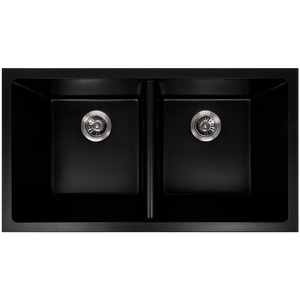 Keith 848x467 Black Granite Square Double Bowl Sink - Black
