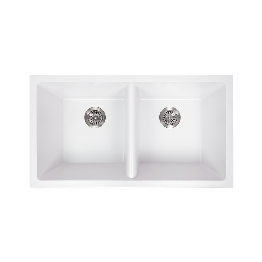 Keith 848x467 White Granite Square Double Bowl Sink