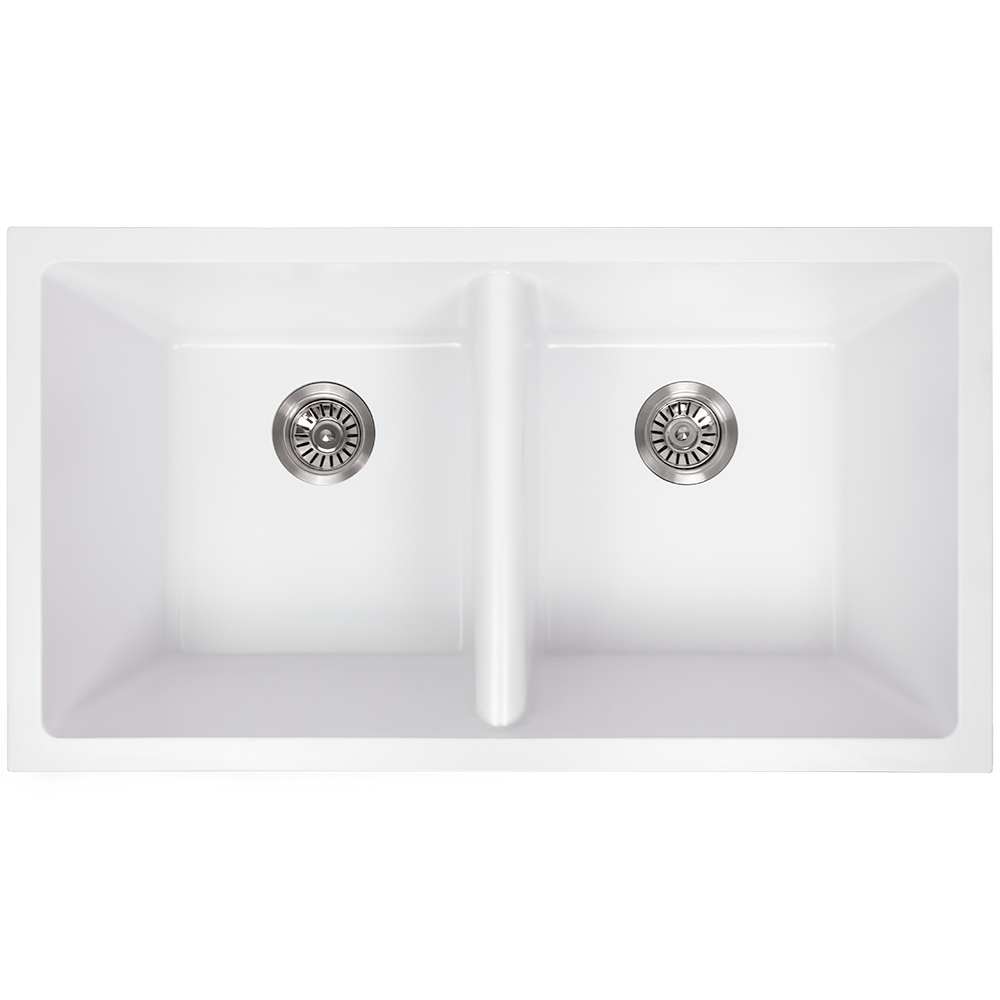 Keith 848x467 White Granite Square Double Bowl Sink