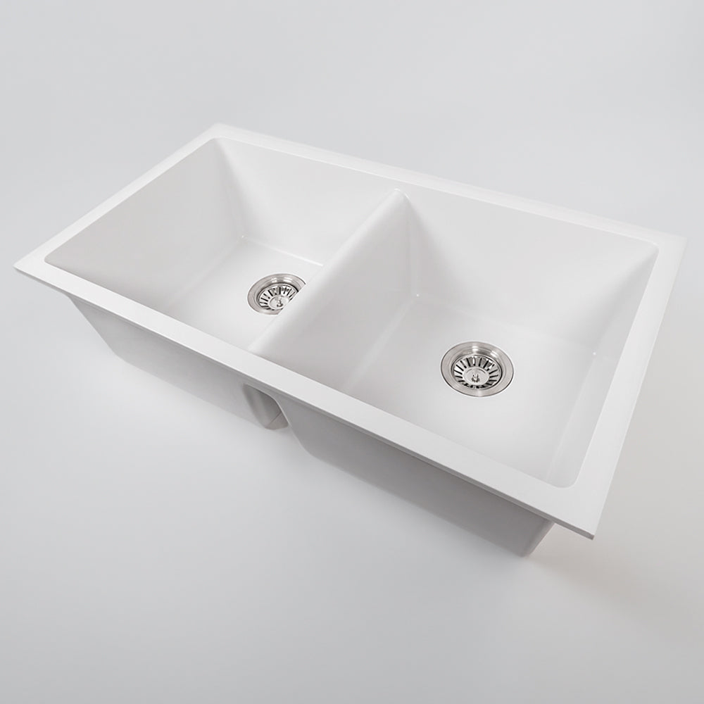 Keith 848x467 White Granite Square Double Bowl Sink