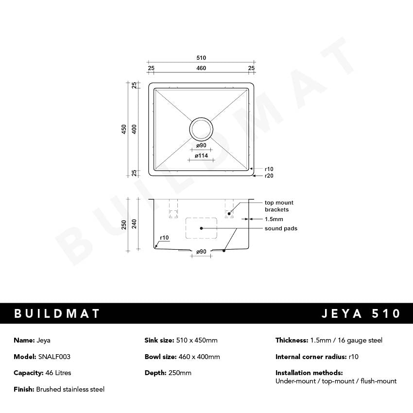 Jeya 510x450 Alfresco 316 Stainless Steel Sink
