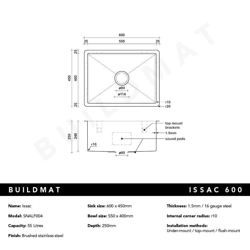 Issac 600x450 Alfresco 316 Stainless Steel Sink
