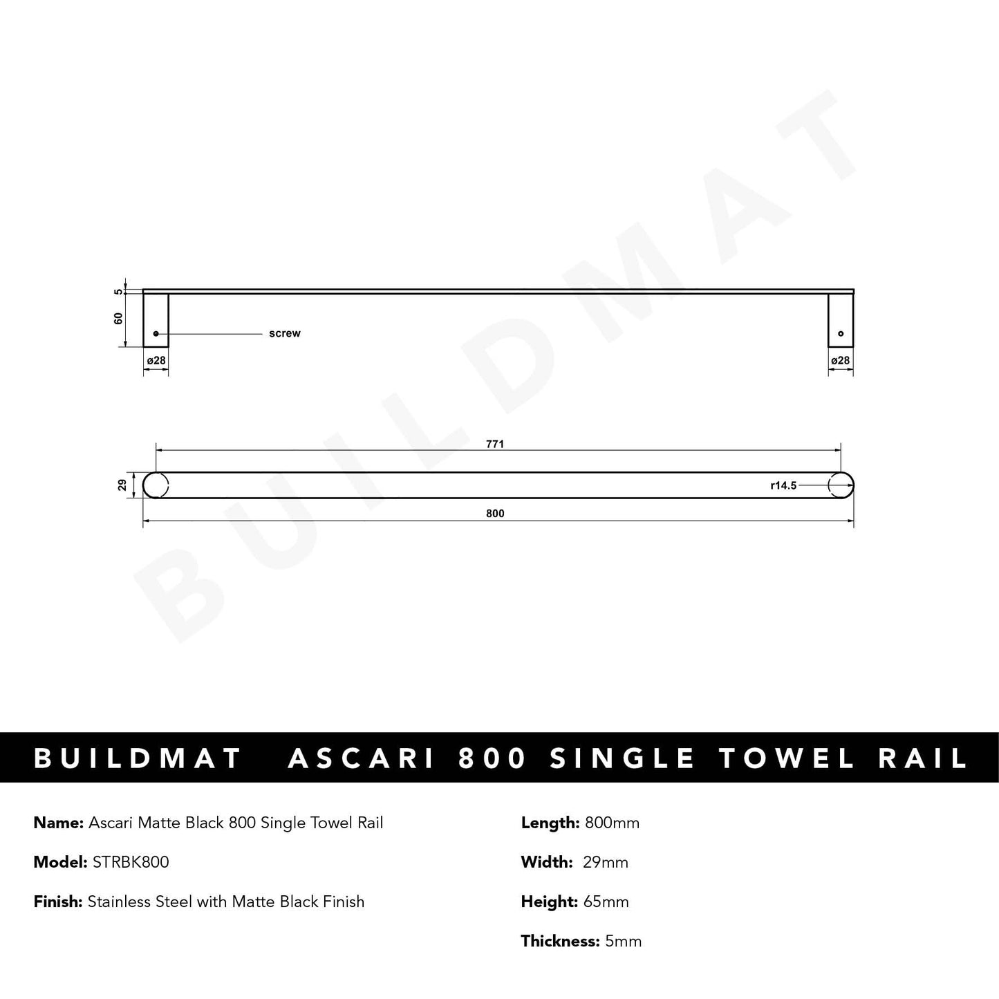 Ascari Matte Black 800 Single Towel Rail