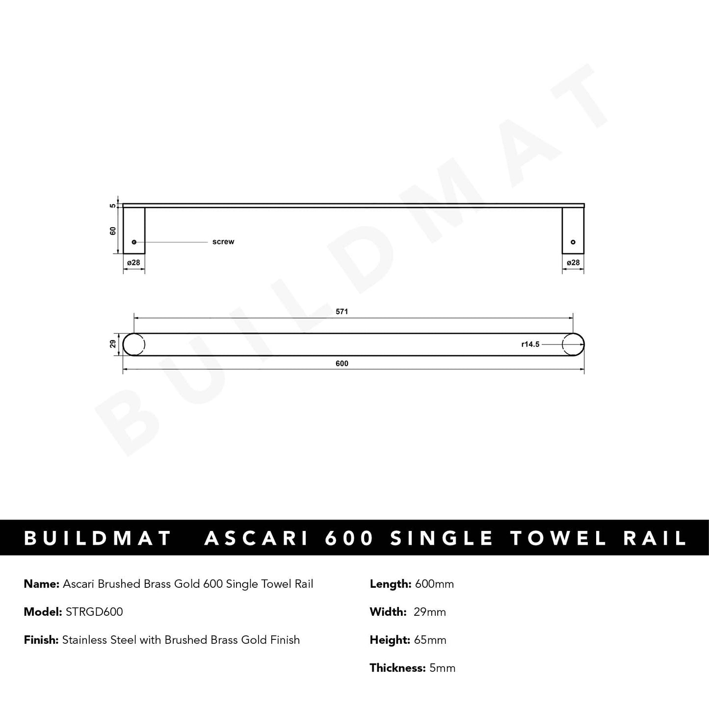 Ascari Brushed Brass Gold 600 Single Towel Rail