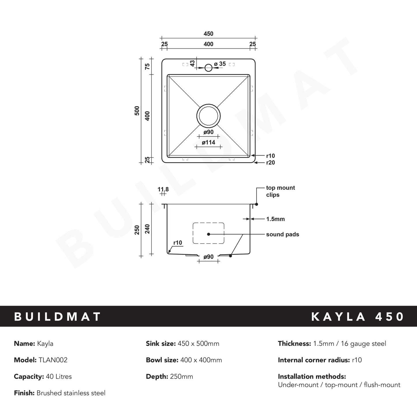 Kayla 450x500 Single Bowl Tap Landing Sink