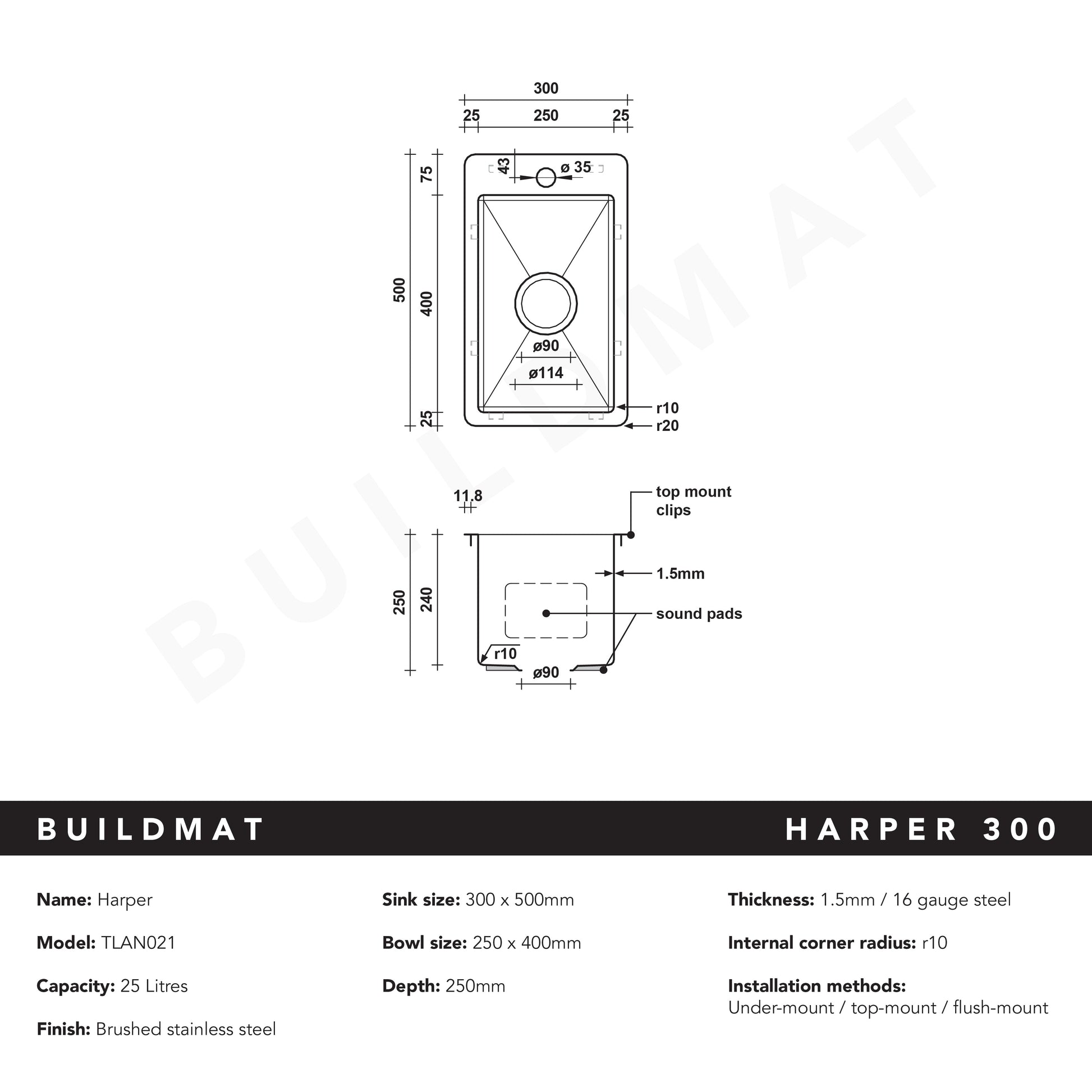 Harper 300x500 Single Bowl Butler Tap Landing Sink