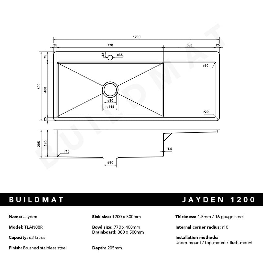 Jayden 1200x500 Single Bowl Tap Landing with Right Drain Board Sink