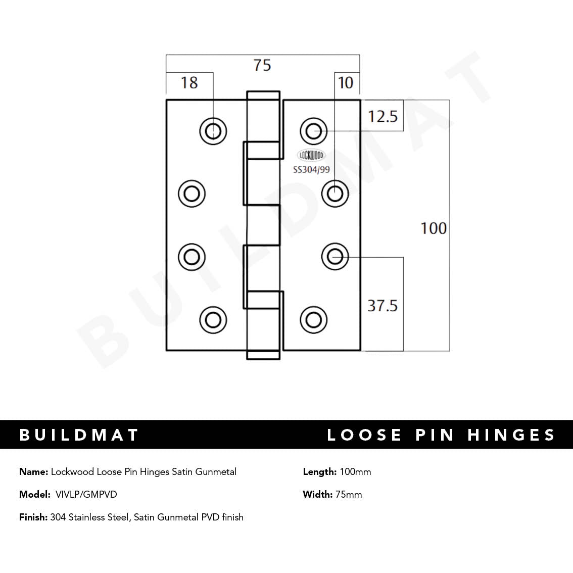 Lockwood Loose Pin Hinges Satin Gunmetal