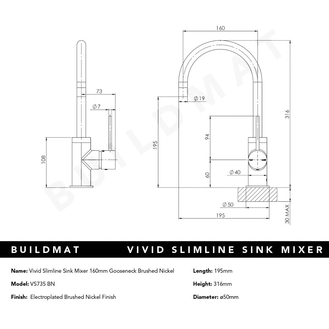 Vivid Slimline Brushed Nickel Sink Mixer 160mm Gooseneck