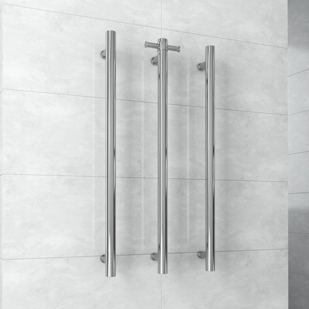 Straight Round Vertical Single Heated Towel Rail Polished Stainless Steel