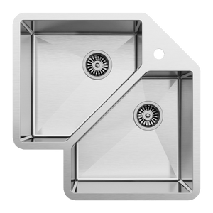Ella Corner Double Bowl Sink - Brushed Stainless Steel