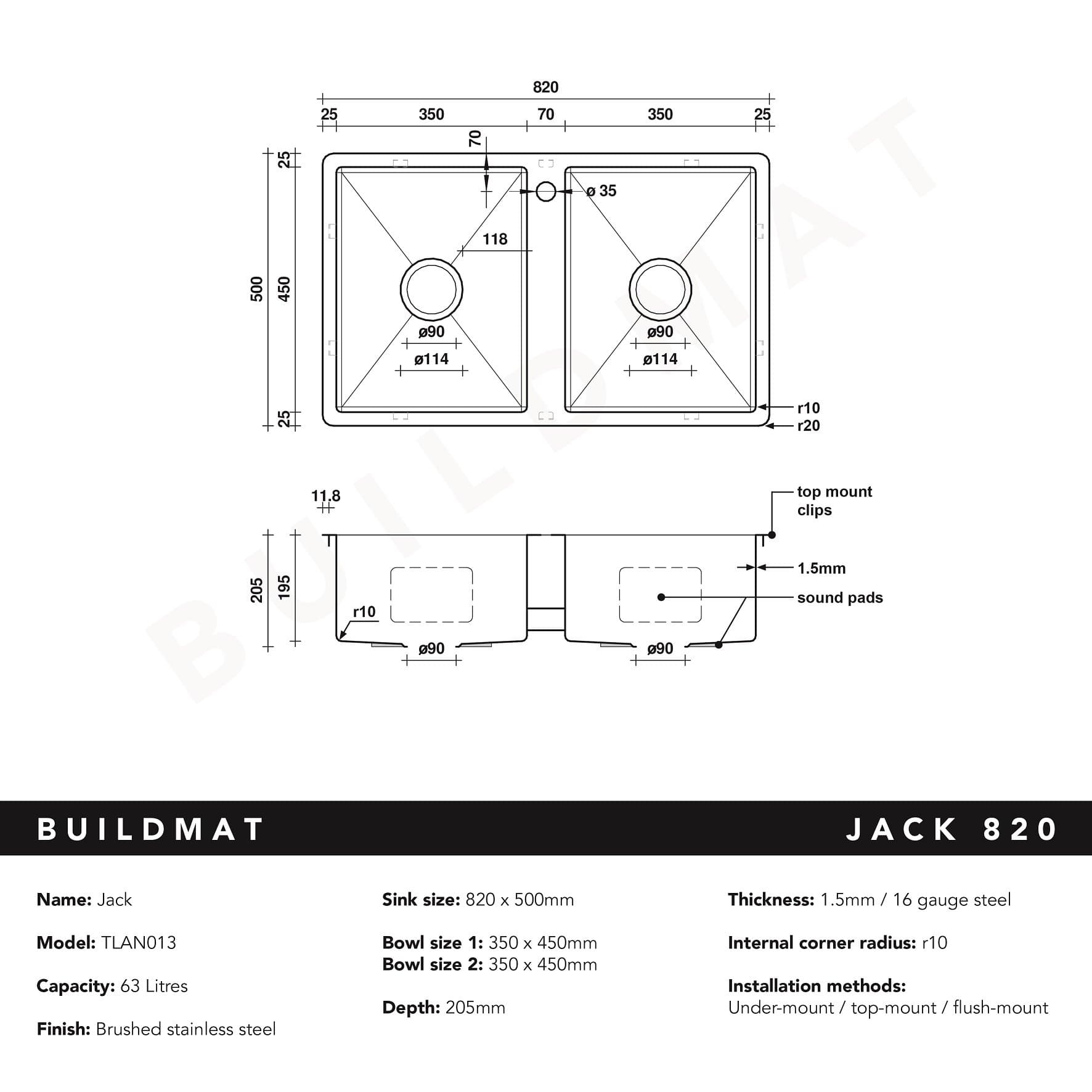 Buildmat Sink Brushed Stainless Steel Jack 820x500 Double Bowl Tap Landing Sink