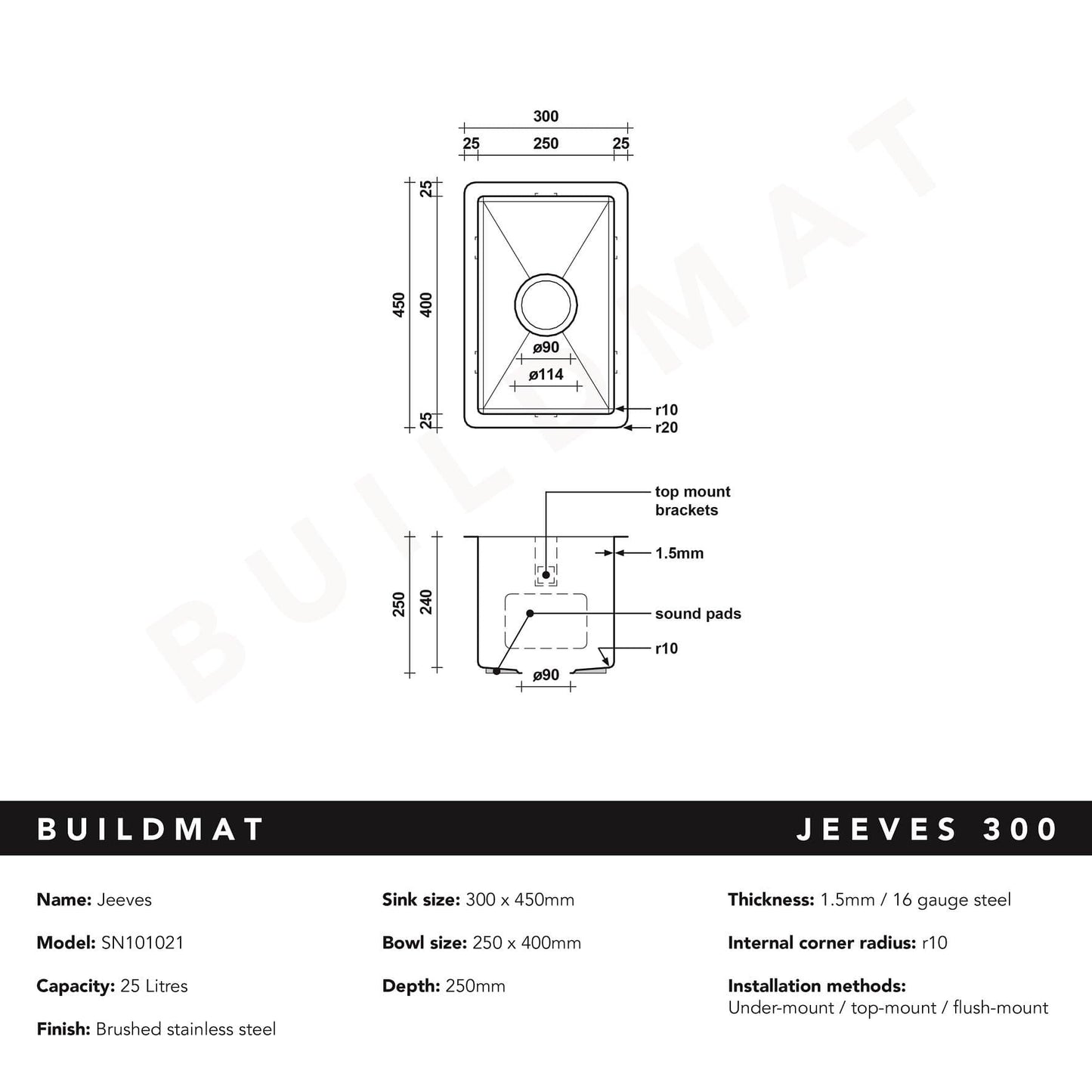Buildmat Sink Brushed Stainless Steel Jeeves 300x450 Single Bowl Butler Sink