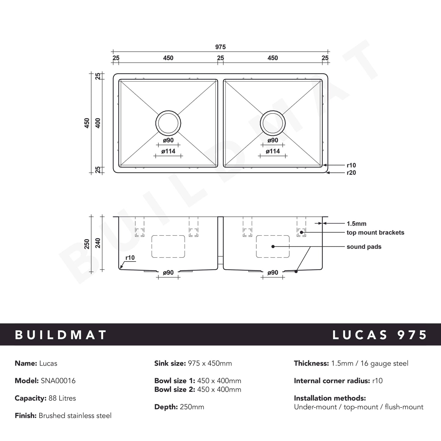 Buildmat Sink Stainless Steel Lucas 975x450 Double Bowl Sink