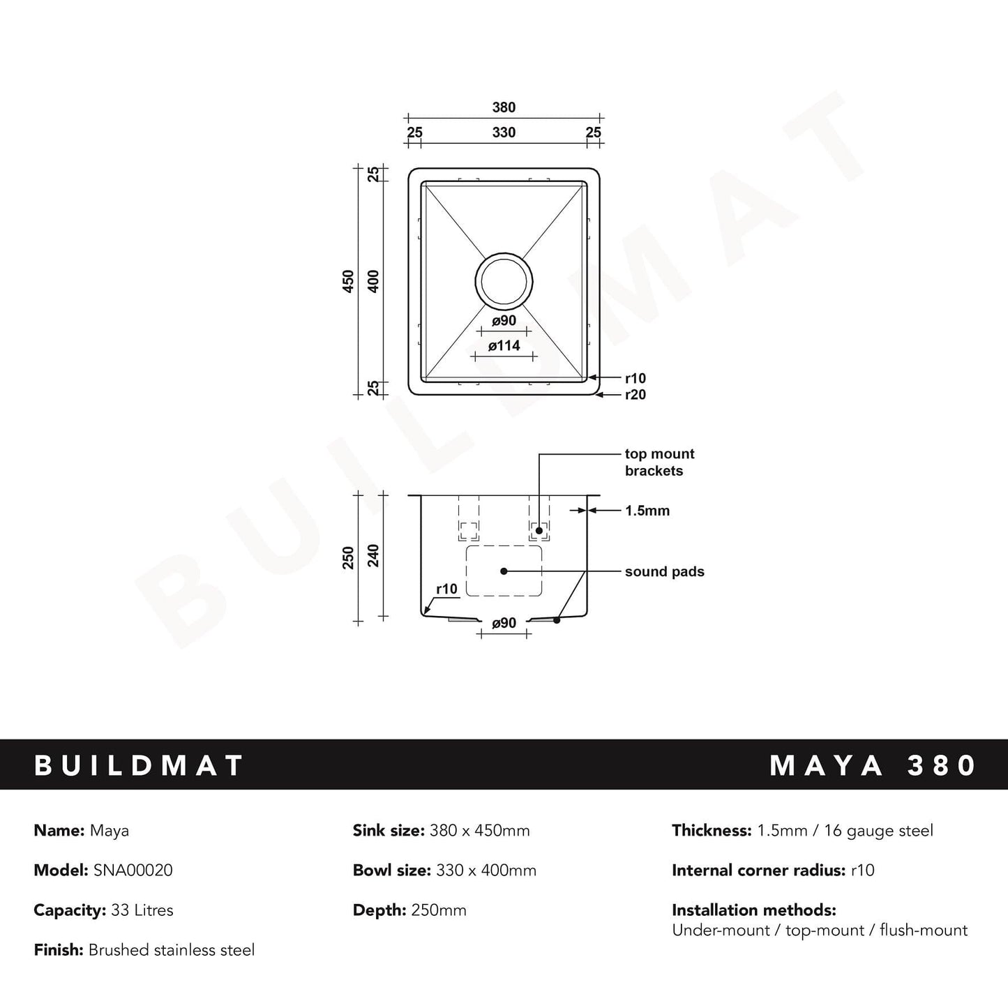 Buildmat Sink Stainless Steel Maya 380x450 Single Bowl Sink