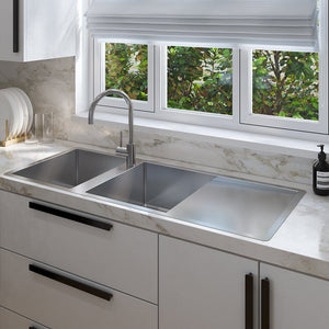 Theo 1200x500 Double Bowl Tap Landing with Right Drain Board Sink - Brushed Stainless Steel