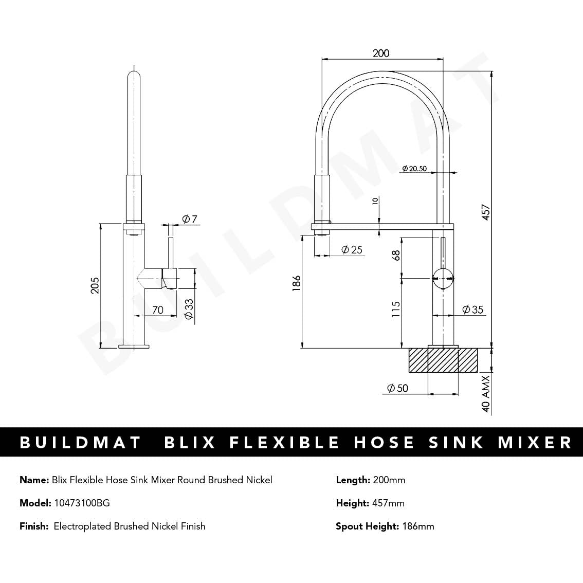Blix Flexible Hose Brushed Nickel Sink Mixer Round