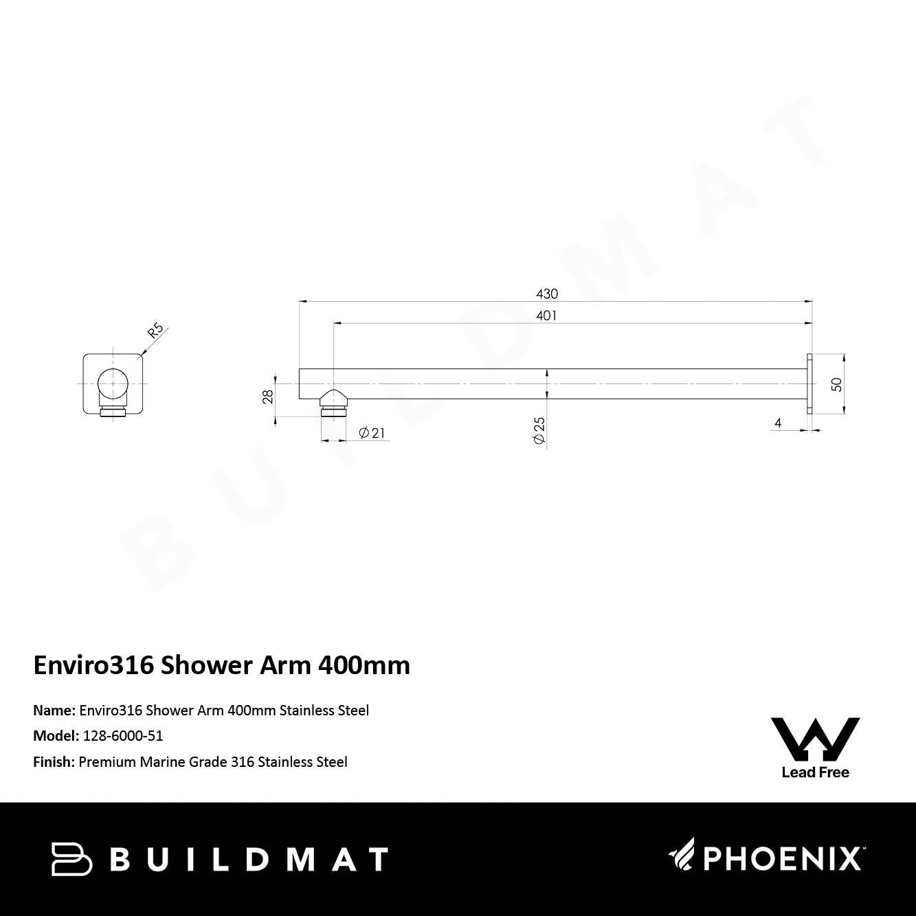 Enviro316 Shower Arm 400mm Stainless Steel