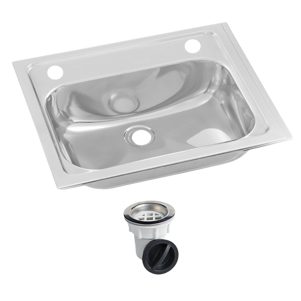 Inset Stainless Steel Hand Basin 2 Tap Hole with Plug and Waste.