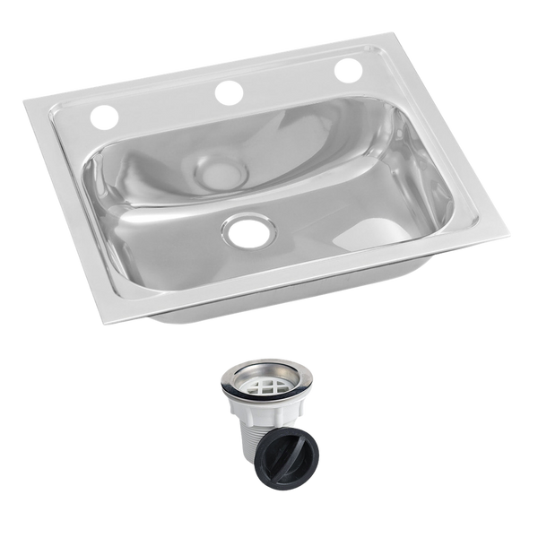 Inset Stainless Steel Hand Basin 3 Tap Hole with Plug and Waste.