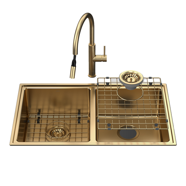 Urbane II Double Bowl Sink with Liano II Pull Out Sink Mixer Brushed Brass
