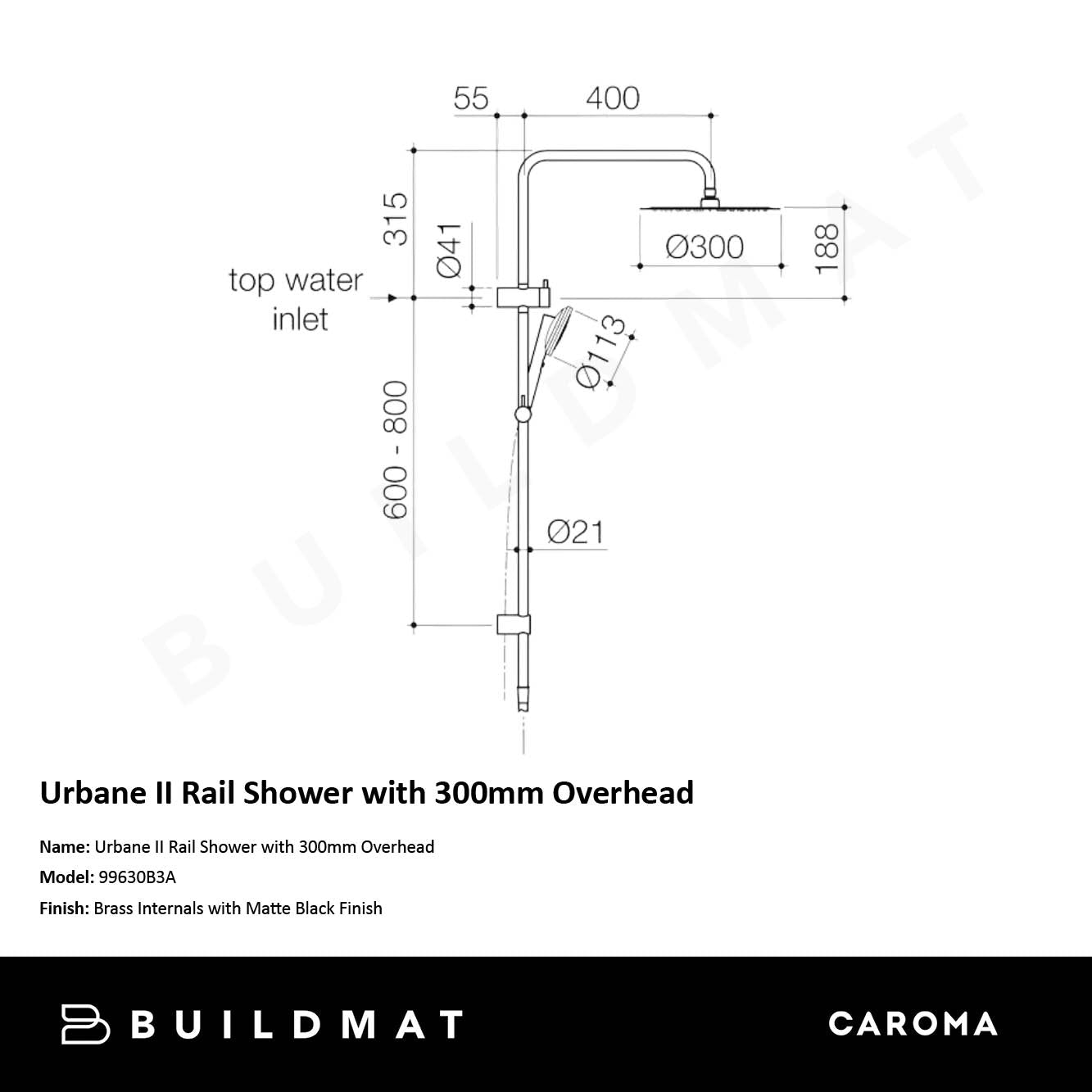Urbane II Rail Shower with 300mm Overhead Matte Black