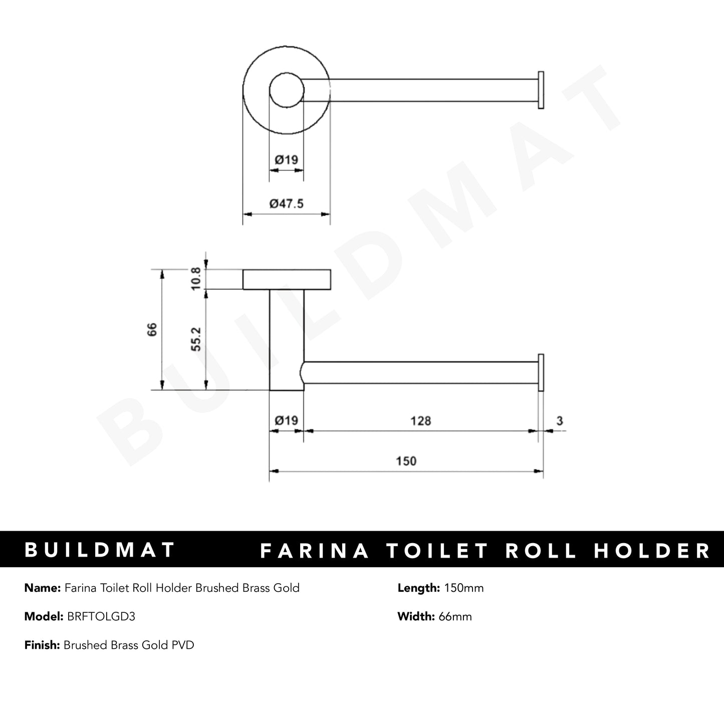Farina Toilet Roll Holder Brushed Brass Gold