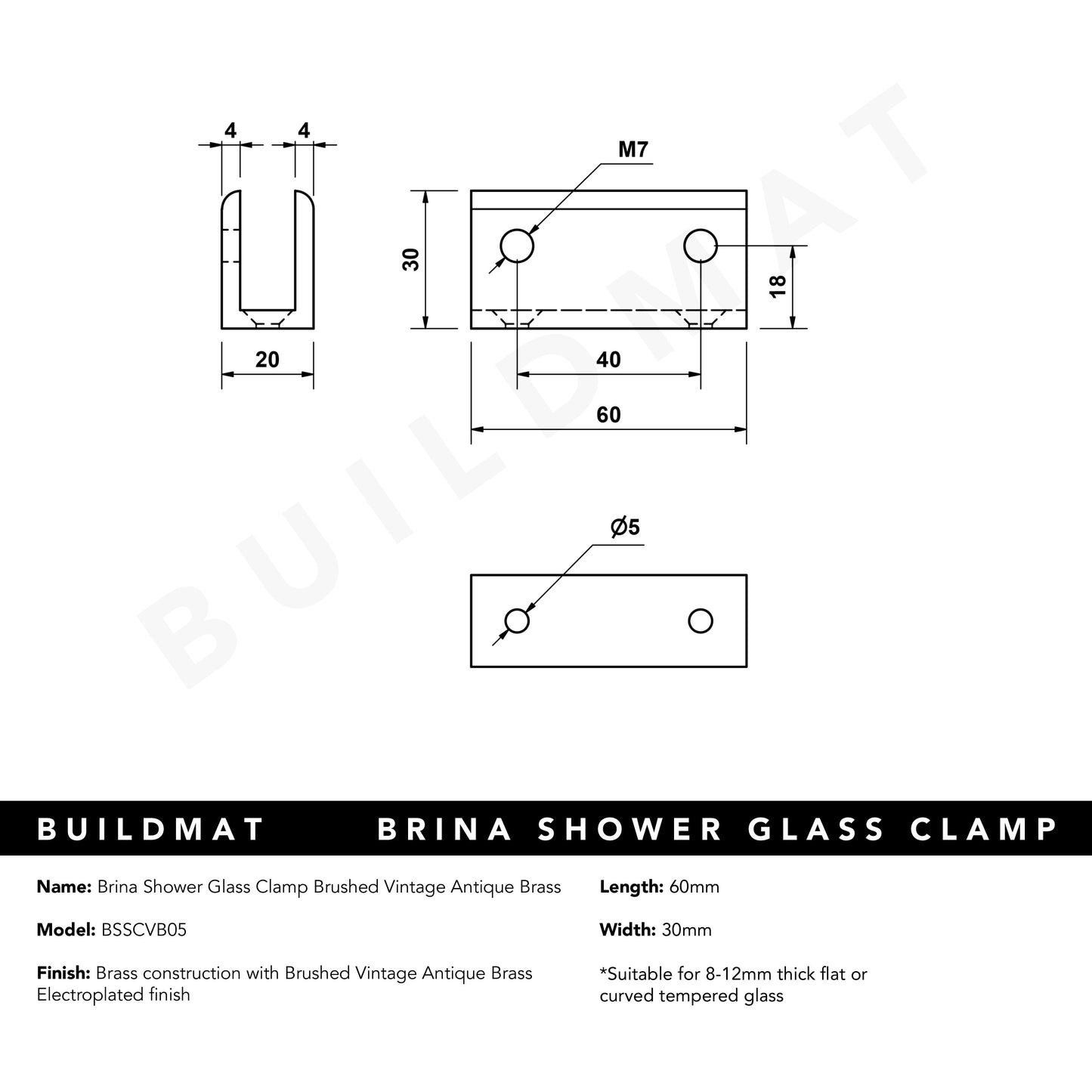 Brina Shower Glass Clamp Brushed Vintage Antique Brass