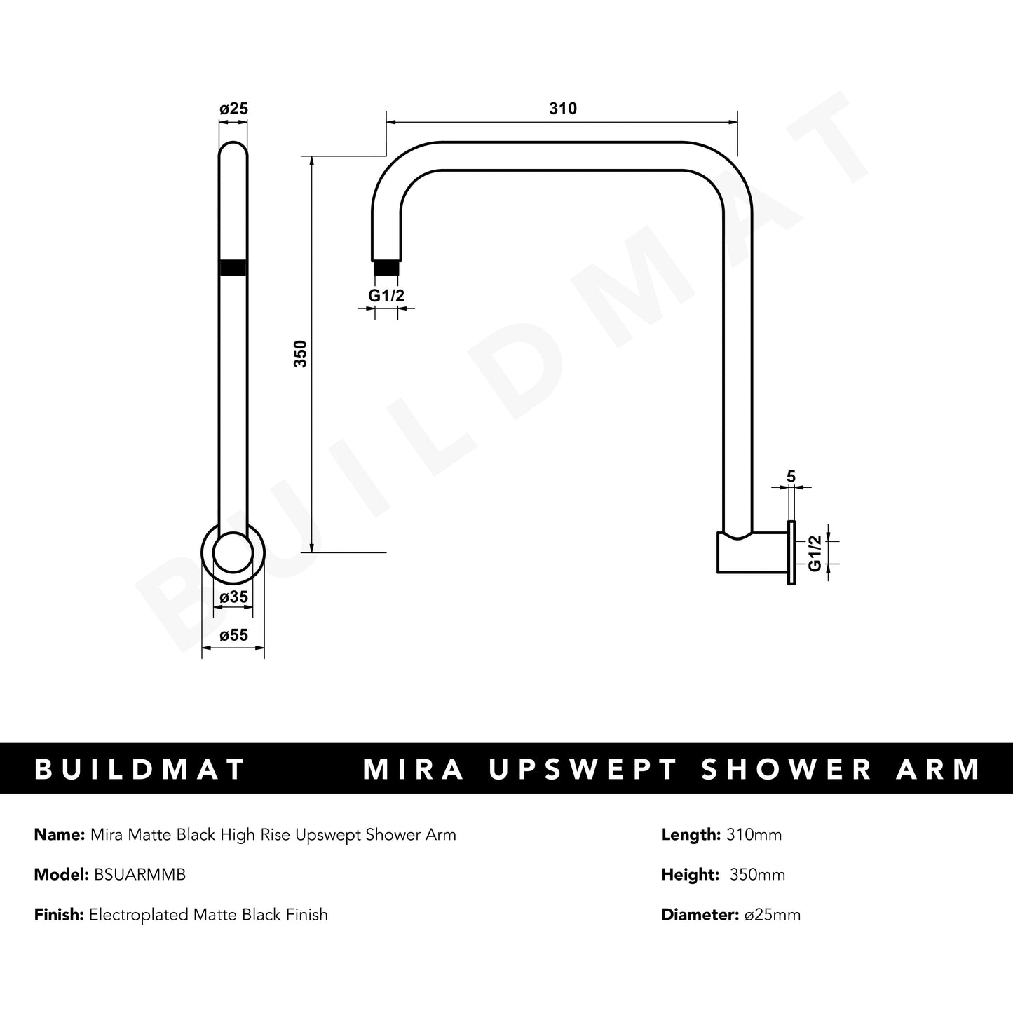 Mira Matte Black High Rise Upswept Shower Arm