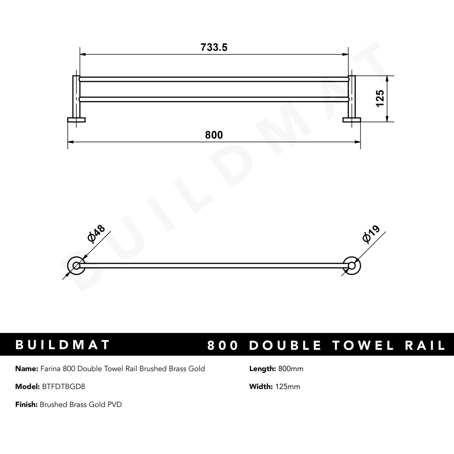 Farina 800 Double Towel Rail Brushed Brass Gold