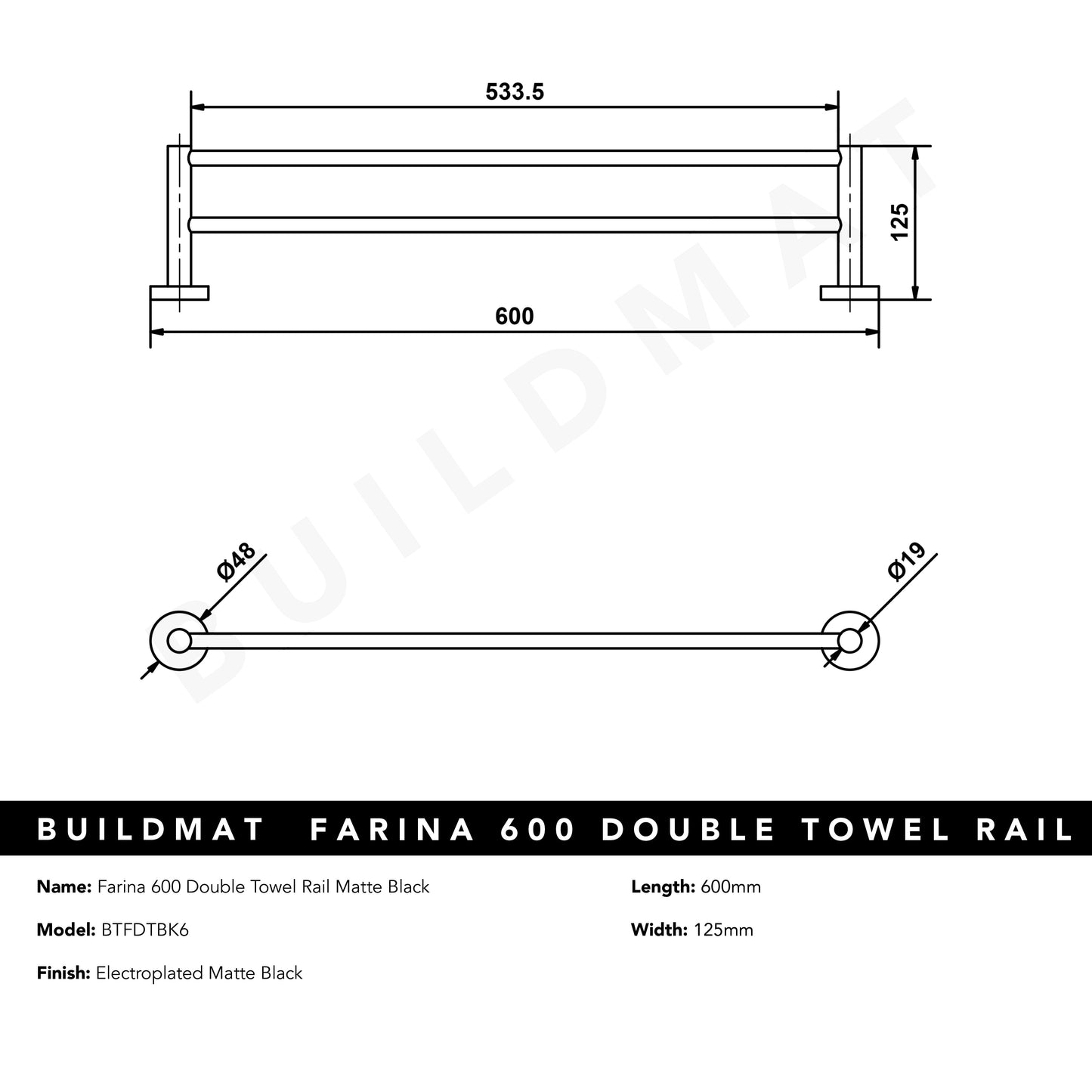 Farina 600 Double Towel Rail Matte Black