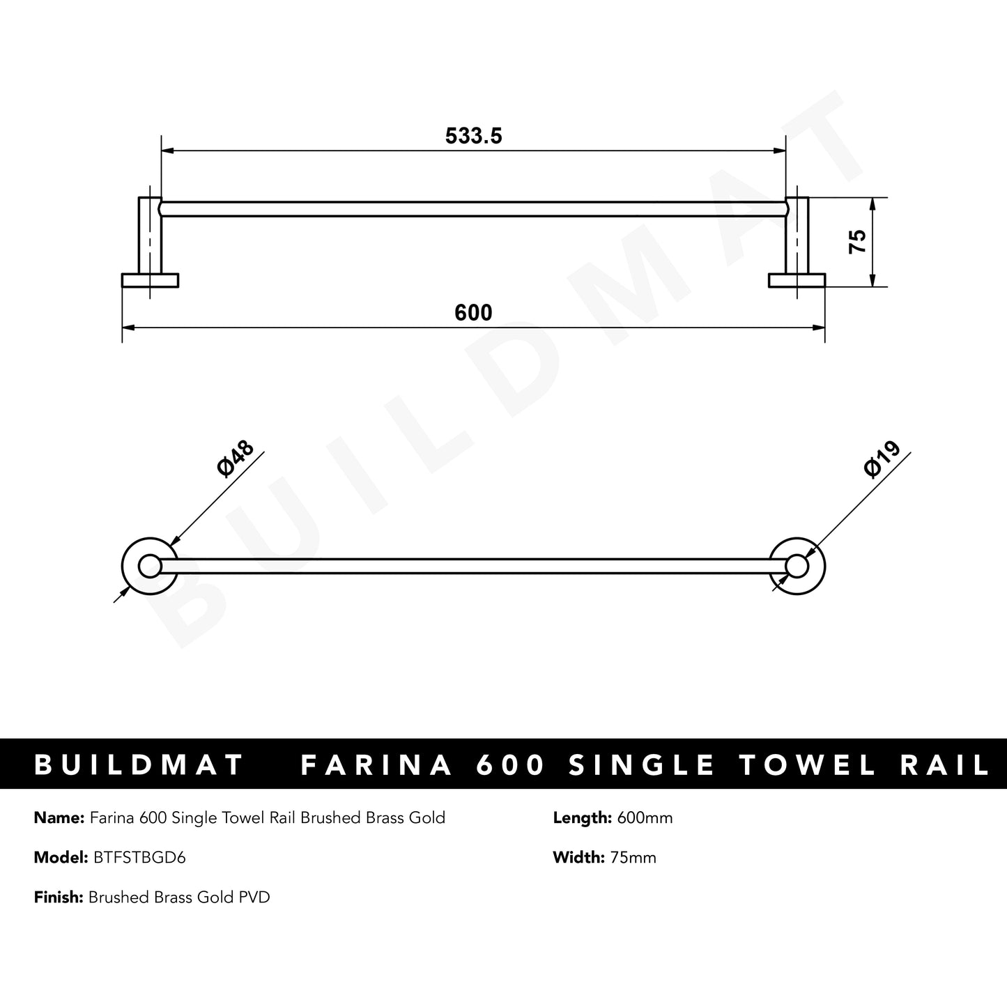 Farina 600 Single Towel Rail Brushed Brass Gold