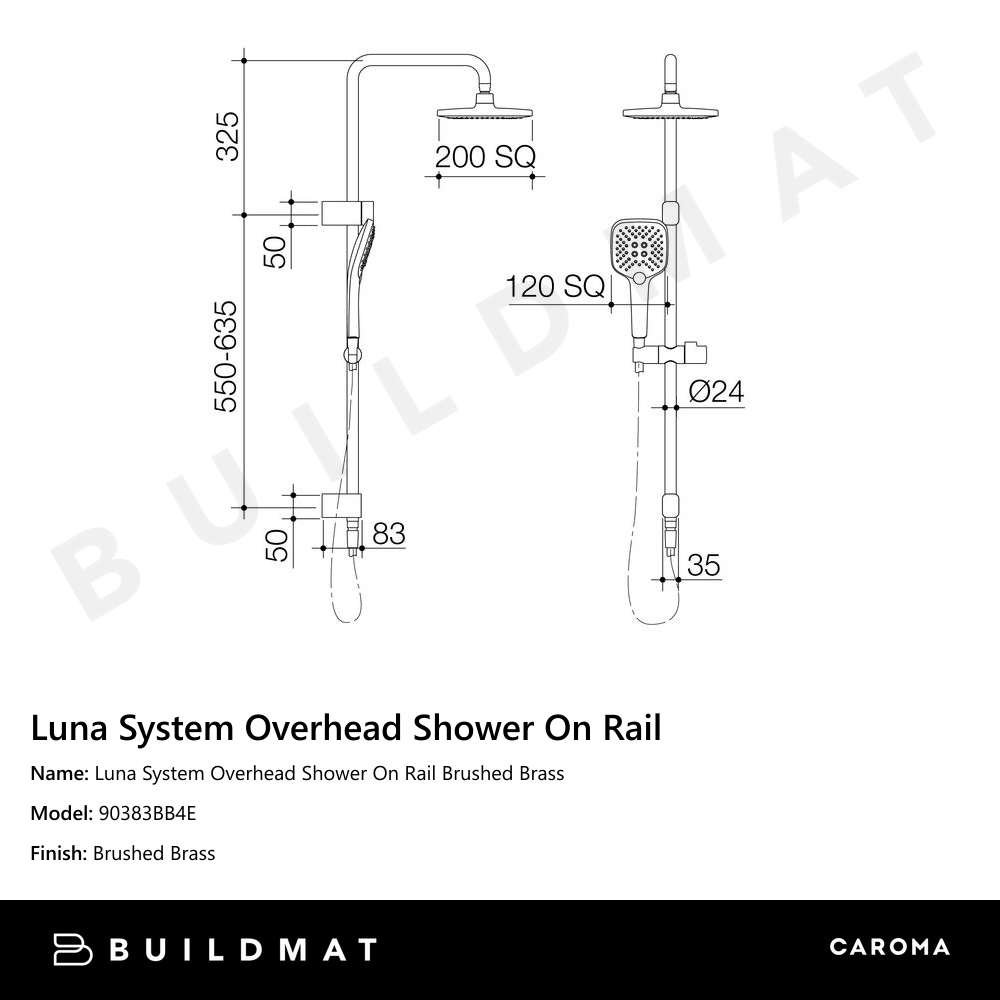 Luna System Overhead Shower On Rail Brushed Brass
