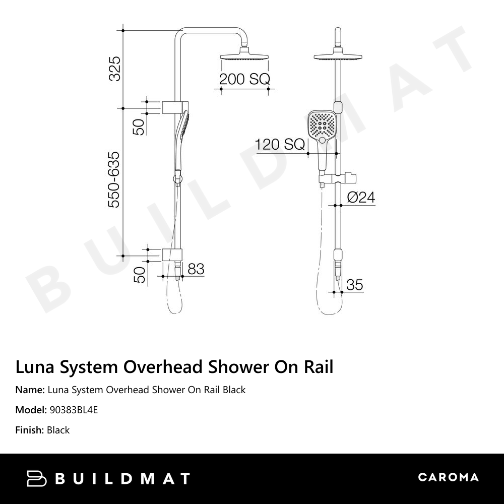 Luna System Overhead Shower On Rail Black