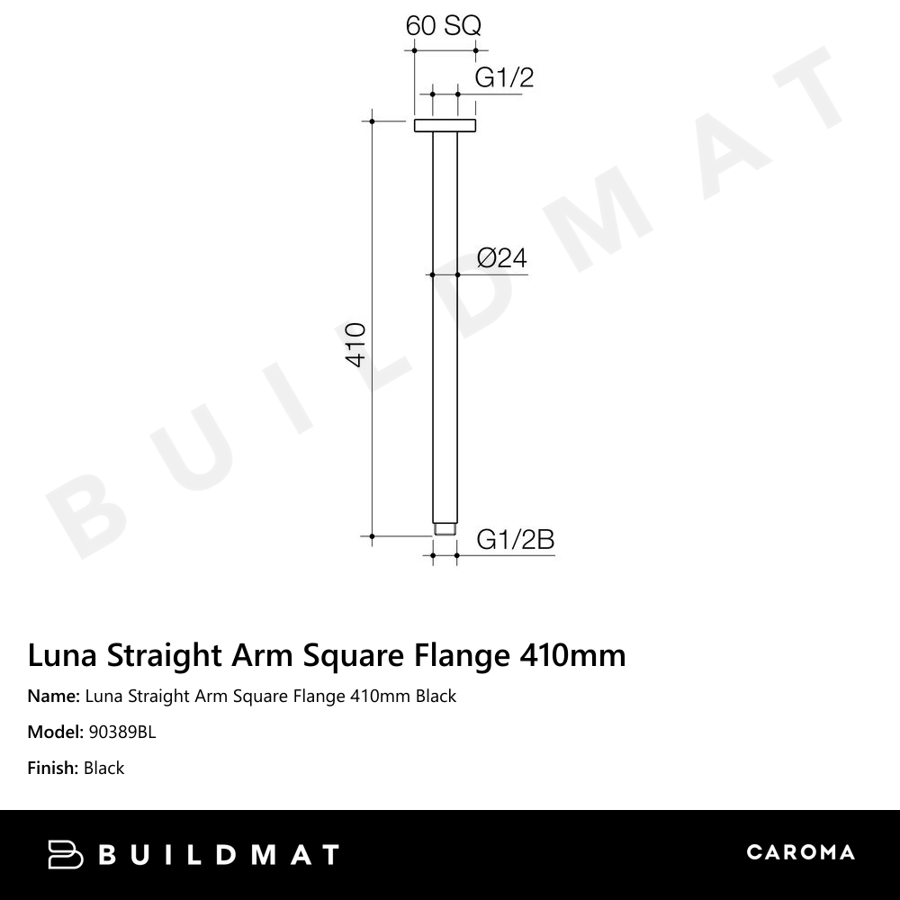 Luna Straight Arm Square Flange 410mm Black