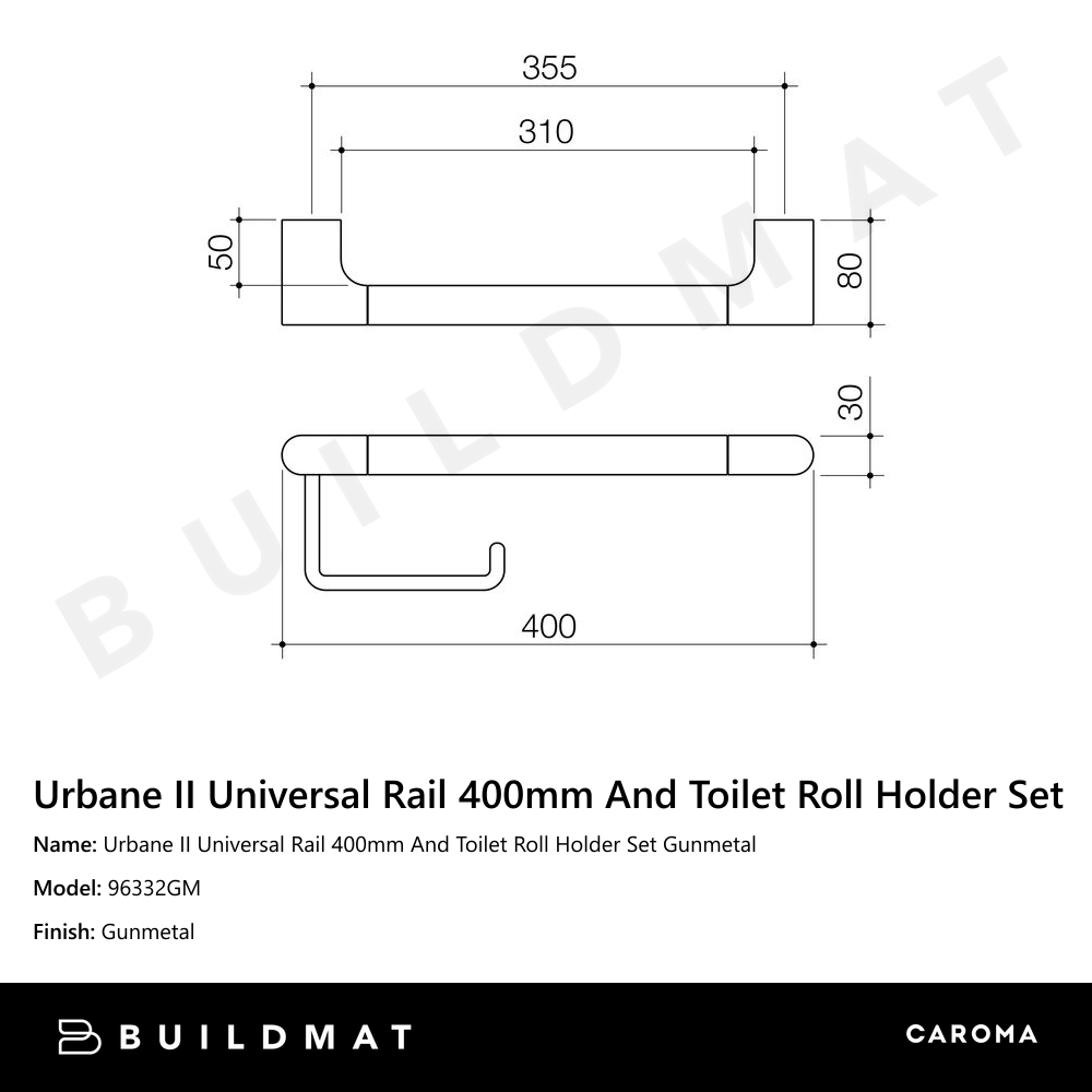 Urbane II Universal Rail  400mm And Toilet Roll Holder Set Gunmetal
