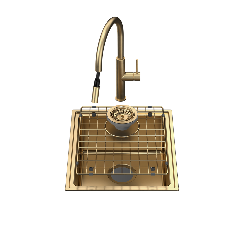 Urbane II Single Bowl Sink with Liano II Pull Out Sink Mixer Brushed Brass