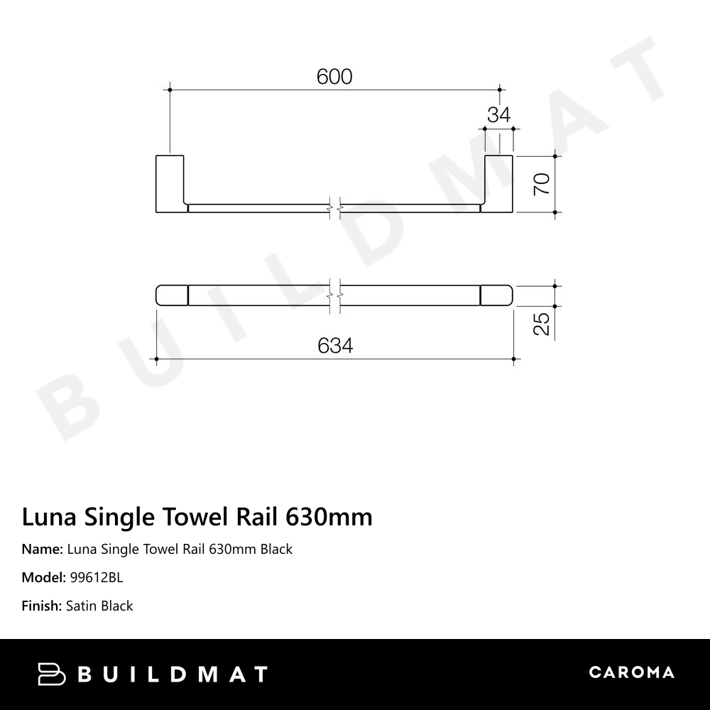 Luna Single Towel Rail 630mm Black