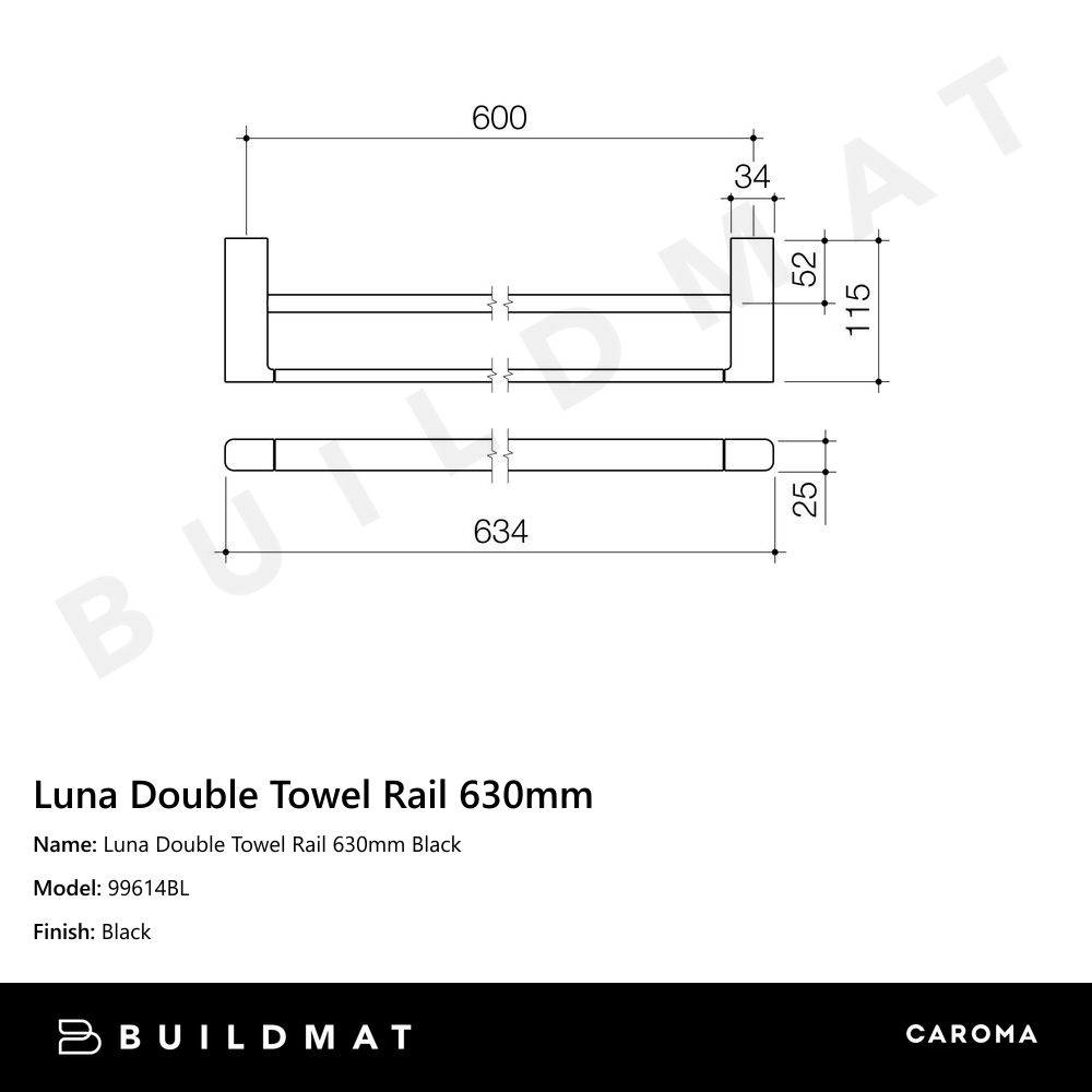 Luna Double Towel Rail 630mm Black